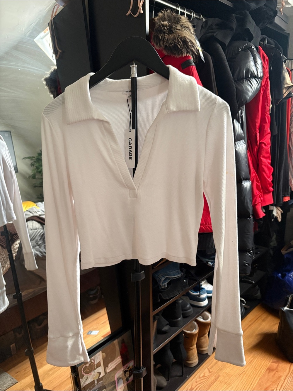 Garage White Long-Sleeve Polo Crop Top with Open V-Neck